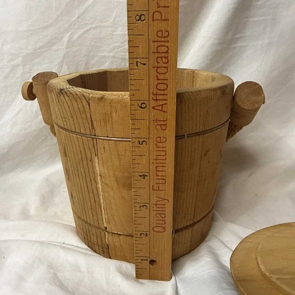 Vintage Wooden Firkin Sugar Bucket Copper Wire Band Rope Well Pail Cottagecore
